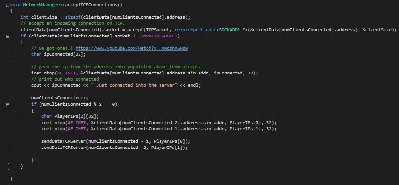 Code picture of the TCP connection class