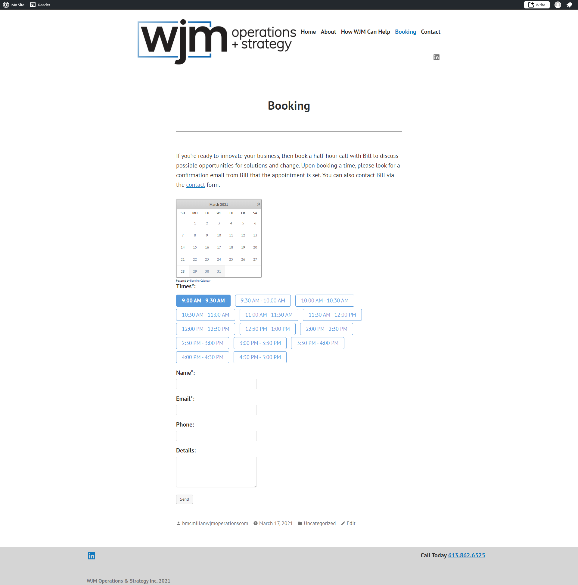 picture of the Booking page and calendar